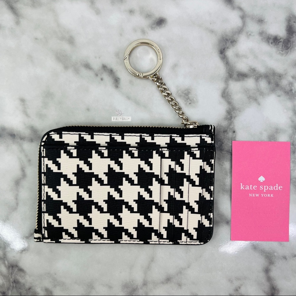 Kate Spade Medium L-Zip Card Holder Wallet In Houndstooth Print - Picture 2 of 5